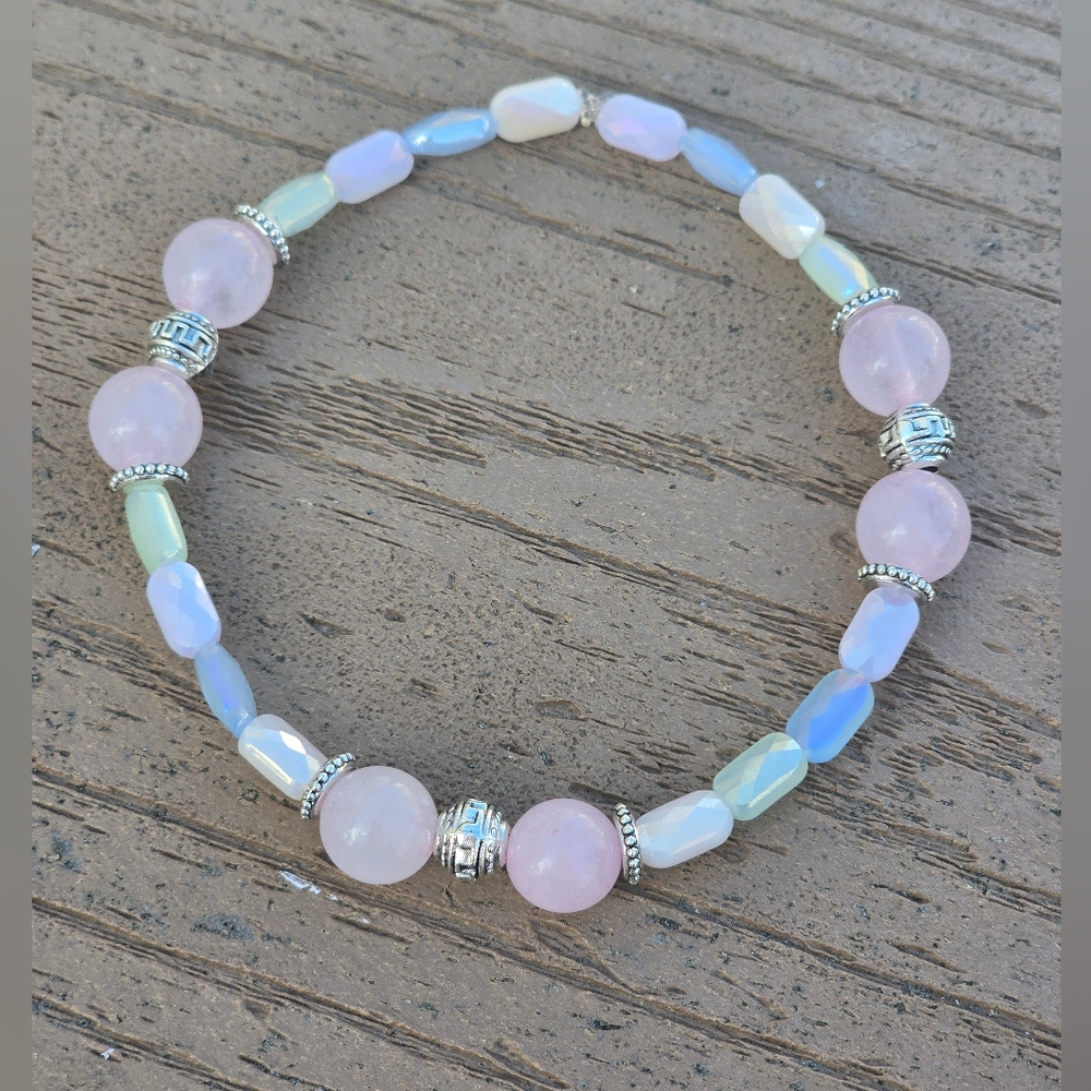 Rose Quartz With Silver Toned Accents And Pastel Glass Bead Bracelet